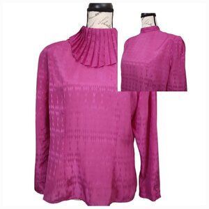 Pierre Cardin | Vtg 80’s Fuchsia High Neck Pleated Top Blouse | Size L